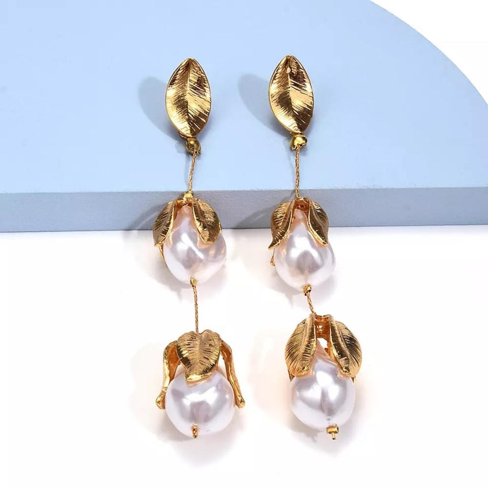 Drop Down Golden Leaf and Pearls Earrings